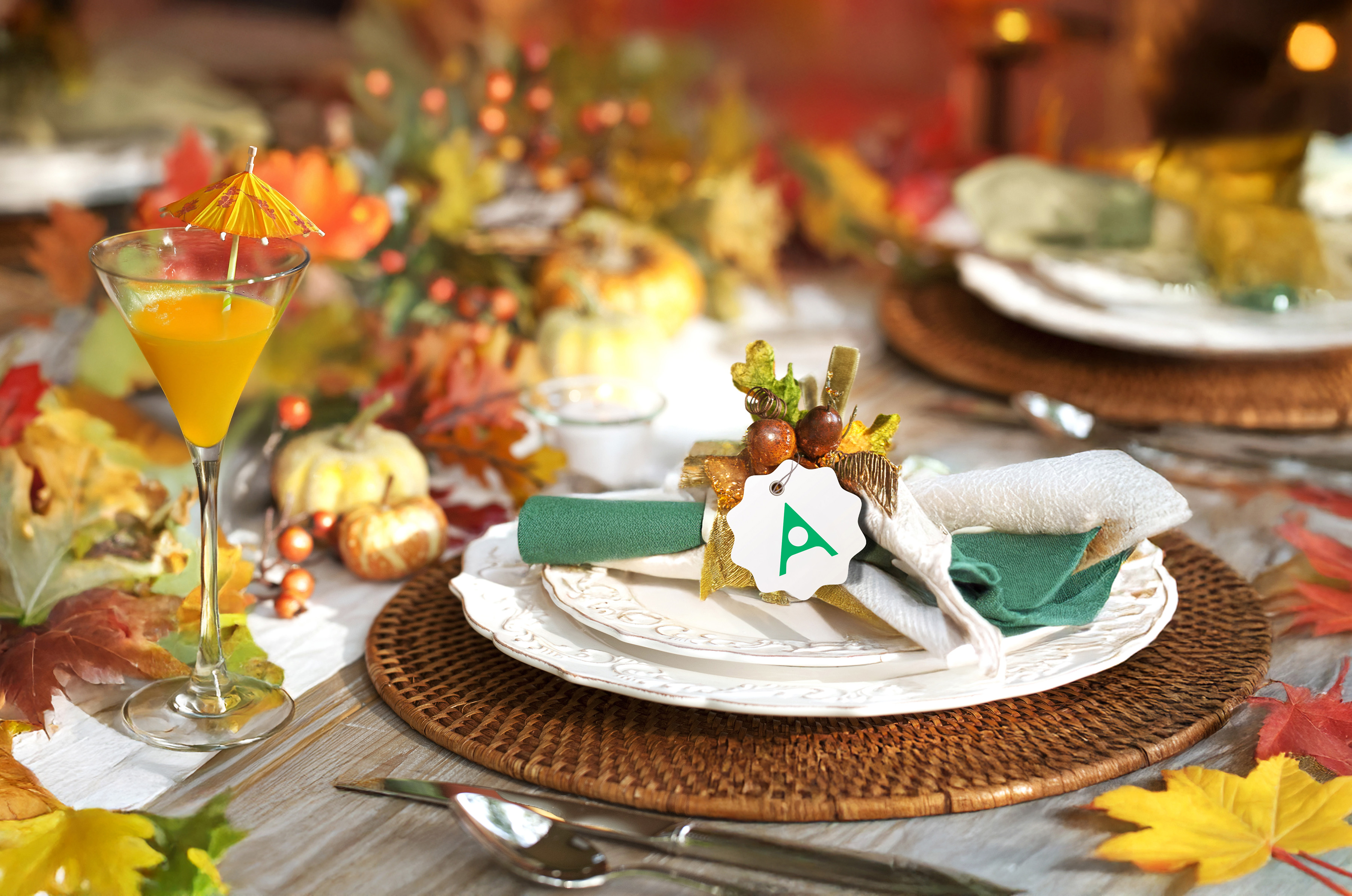 Fall table setting with Aspira logo on napkin placements
